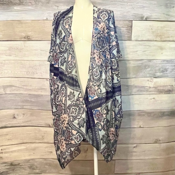 Blue paisley Jacobean floral ruana cover up OS - Picture 2 of 6
